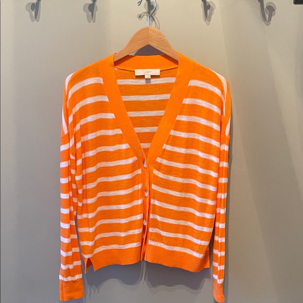 LOFT Vibrant Orange and White Striped Cardigan Size Medium